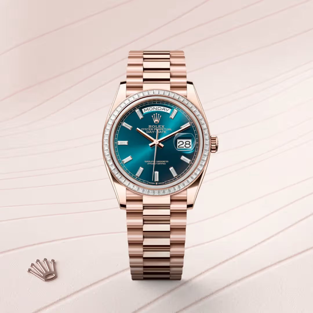 Day-Date 36 Rose Gold Watch with Blue Sunburst Dial & Crystal Bezel