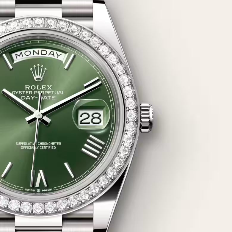 Day-Date 40 Luxury Silver Green Dial Diamond Bezel Watch