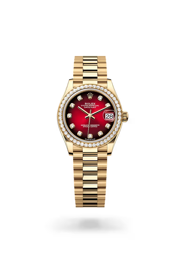 Datejust 31 Red Dial Diamond Bezel Gold Watch.