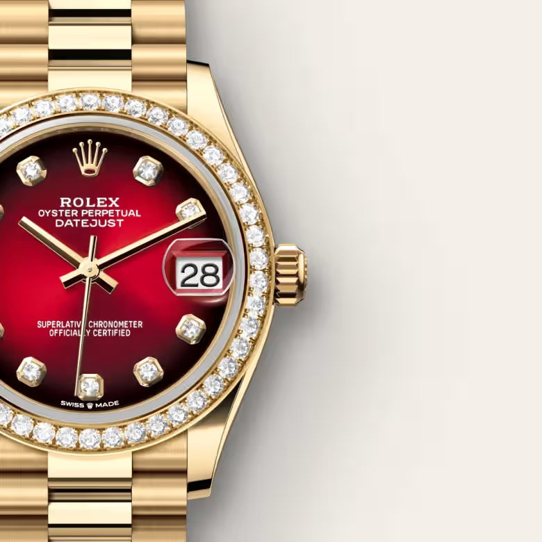 Datejust 31 Red Dial Diamond Bezel Gold Watch.