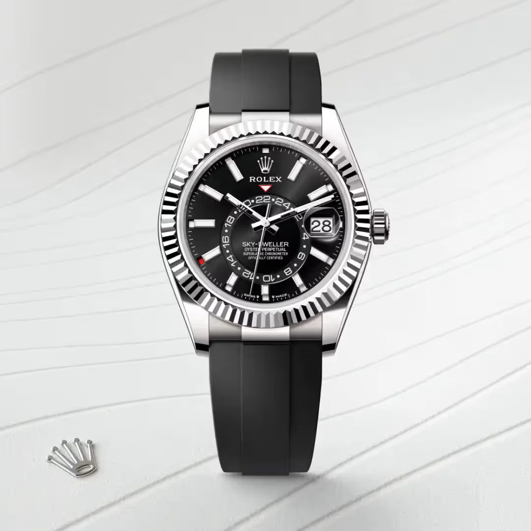 Sky-Dweller Luxury Black Dial Stainless Steel Watch with Rubber Strap