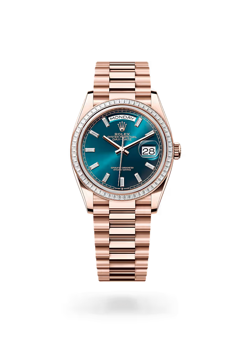 Day-Date 36 Rose Gold Watch with Blue Sunburst Dial & Crystal Bezel