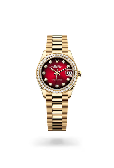 Datejust 31 Red Dial Diamond Bezel Gold Watch.