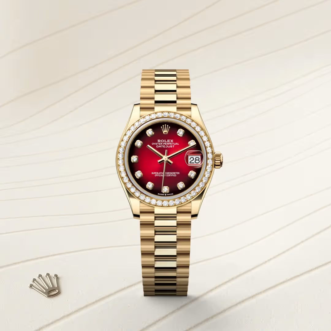 Datejust 31 Red Dial Diamond Bezel Gold Watch.