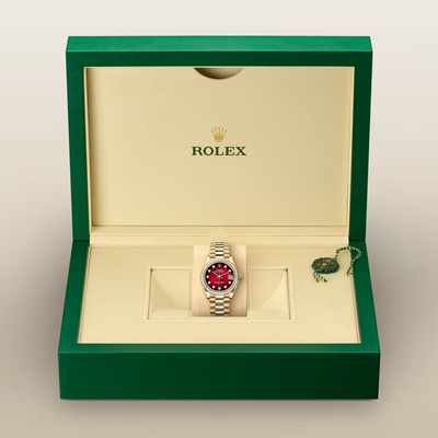 Datejust 31 Red Dial Diamond Bezel Gold Watch.