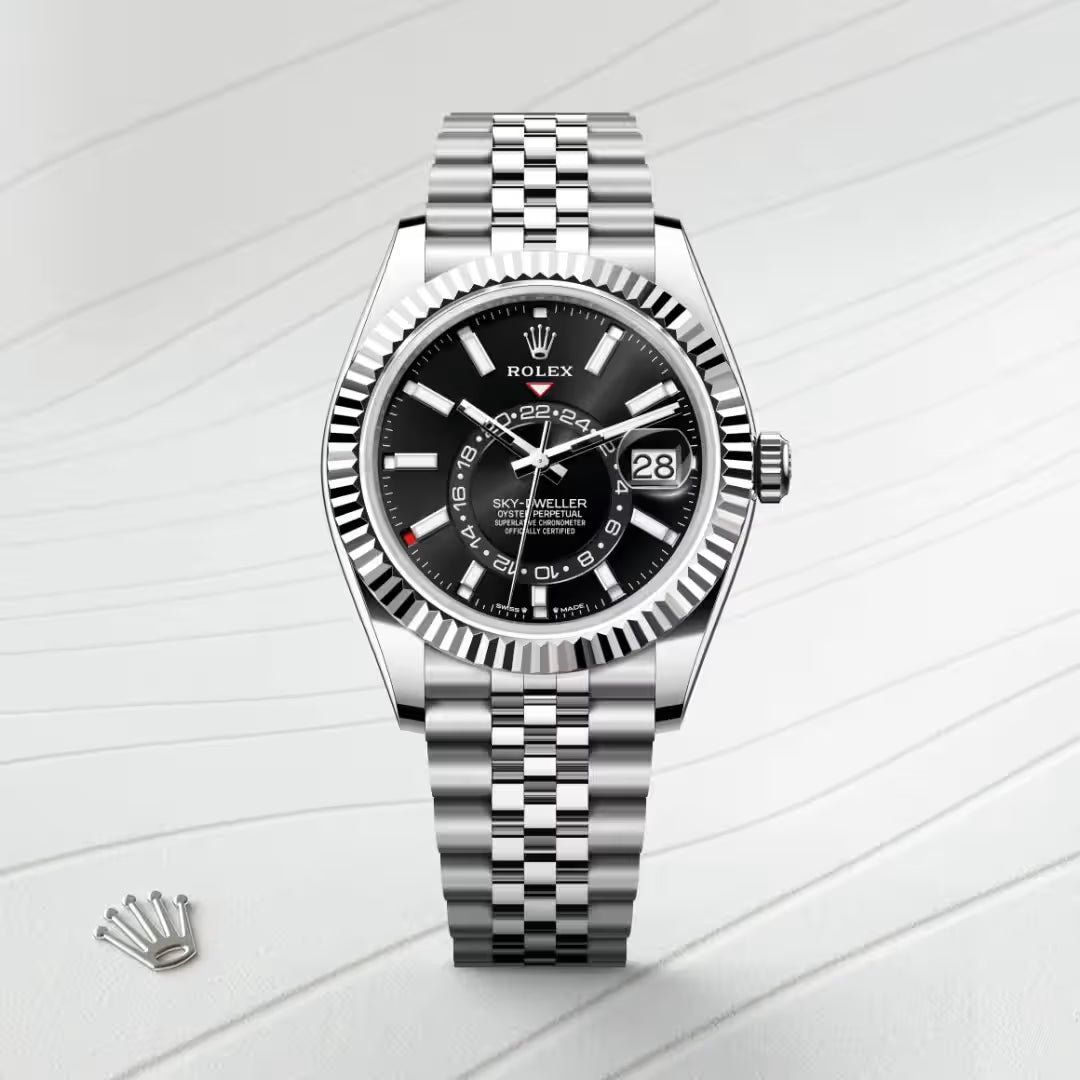 Sky-Dweller Luxury Black Dial Fluted Bezel Men’s Watch